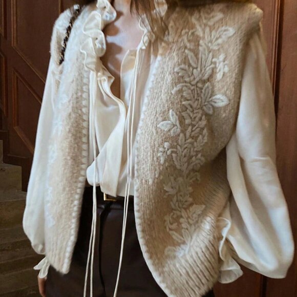 Khaki Casual Women's Handmade Embroidered Floral Pattern Knitted Vest - Picture 1 of 5